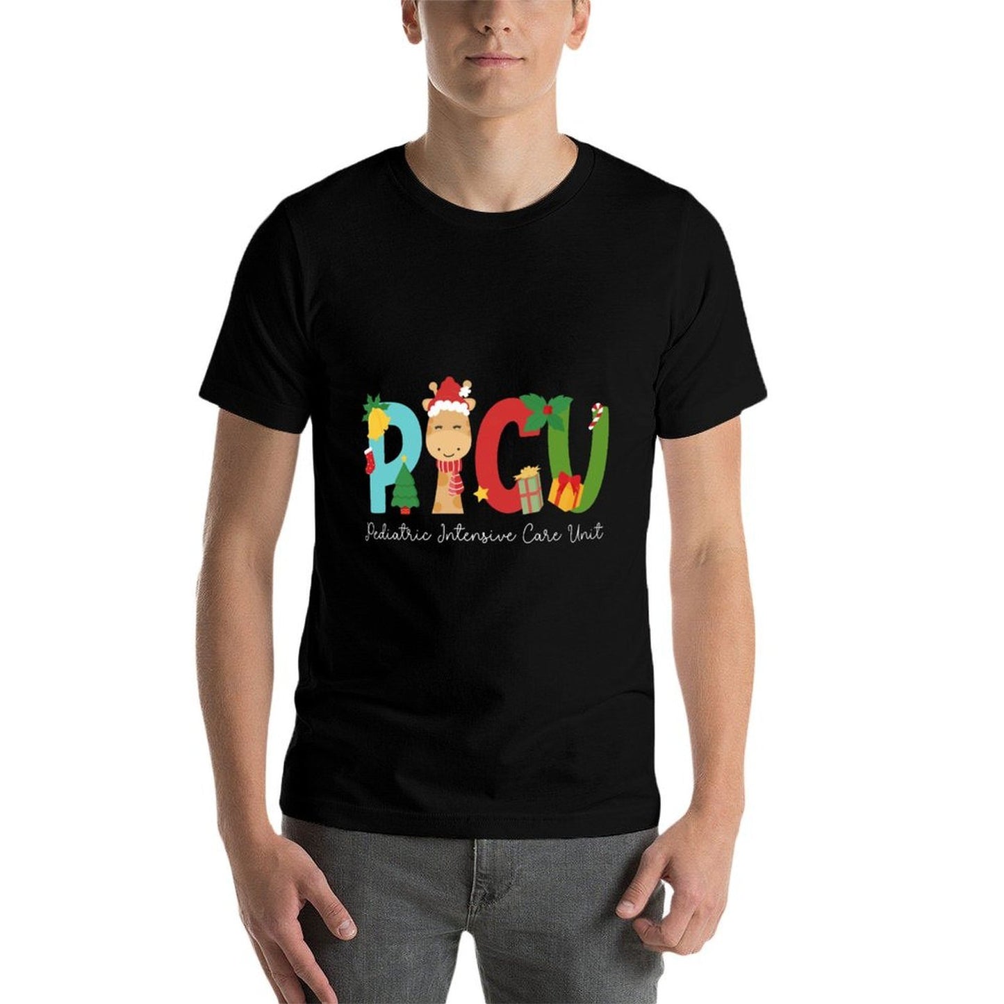 PICU Pediatric Intensive Care Unit Christmas PICU Nurse Xmas  Ribbed Collar T-Shirt