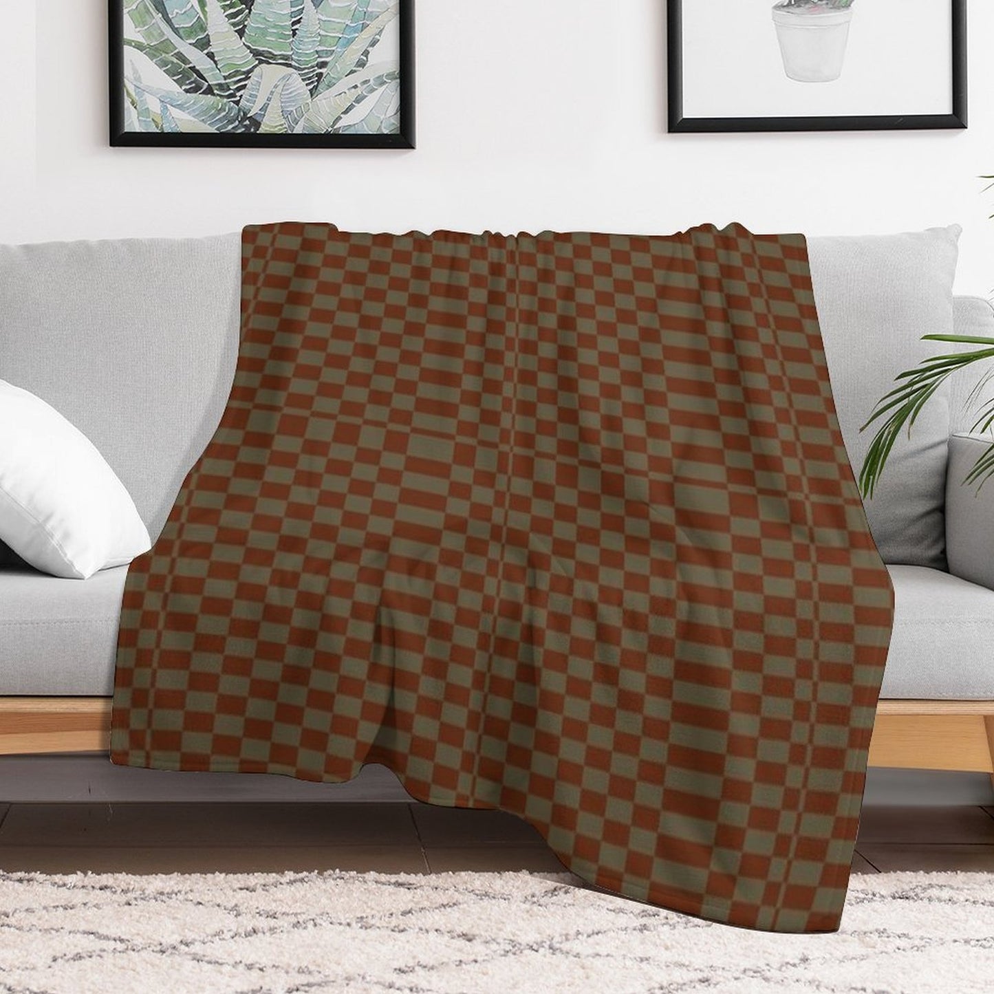 Mid Century Orange And Sand Rectangle Chequered Lightweight Throw Blanket