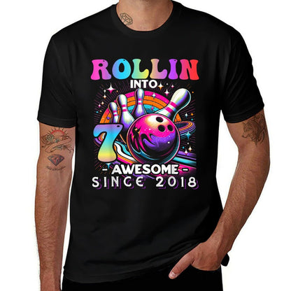 Bowling Party Rollin' 7 Awesome 2018 7th Birthday Girls  Easy-care T-Shirt