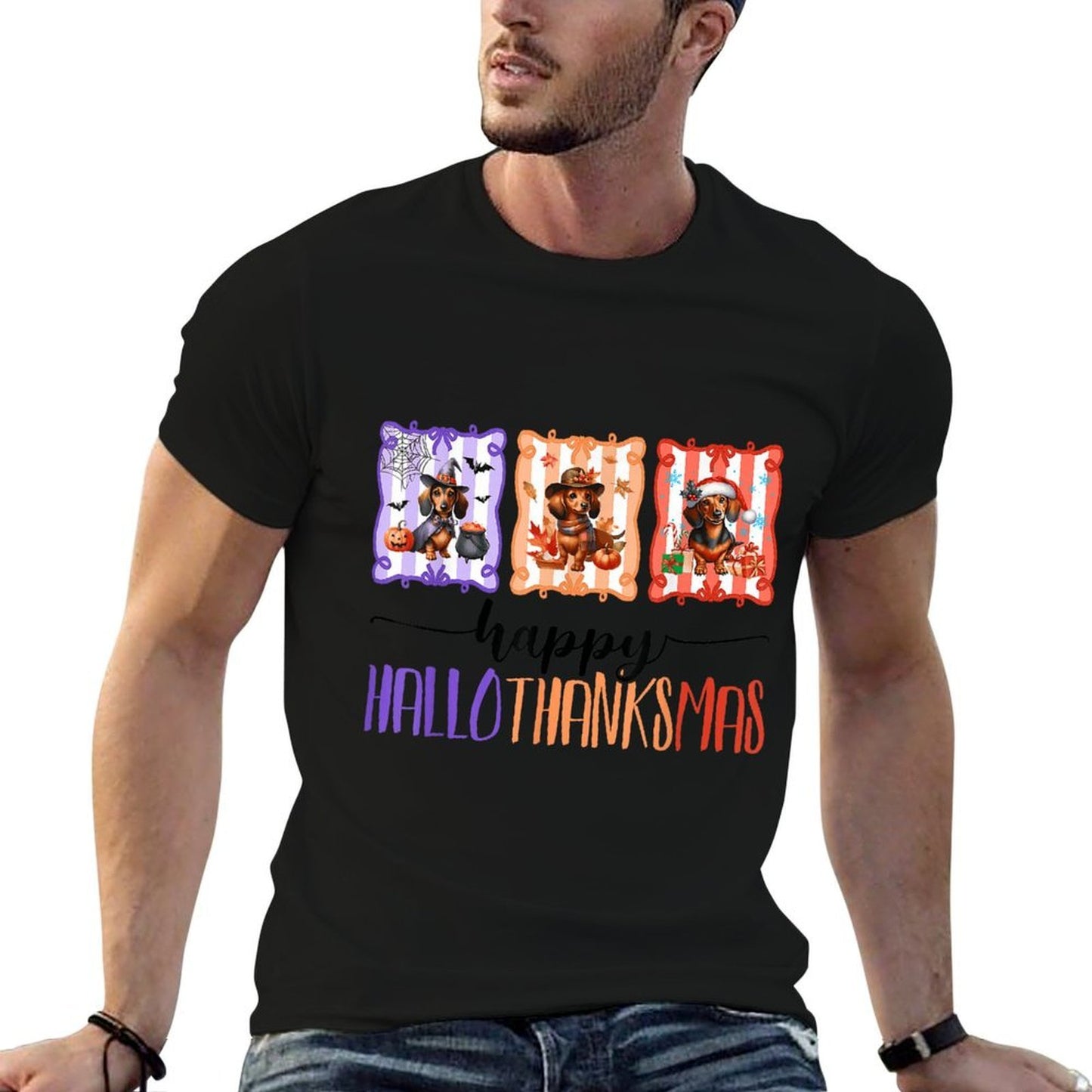 Happy Hallothanksmas Halloween Thanksgiving Dachshund Dogs  Rolled Sleeves T-Shirt