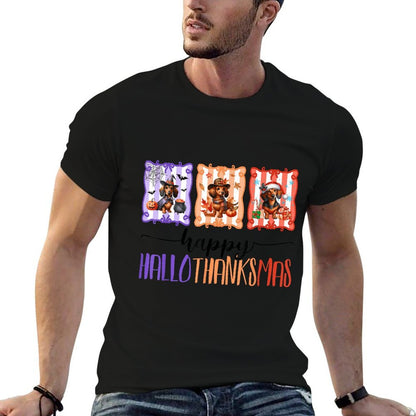 Happy Hallothanksmas Halloween Thanksgiving Dachshund Dogs  Rolled Sleeves T-Shirt