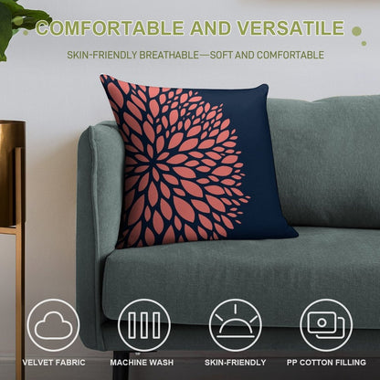 Navy Blue And Coral Flower Design Soft High-Density Material Throw Pillow