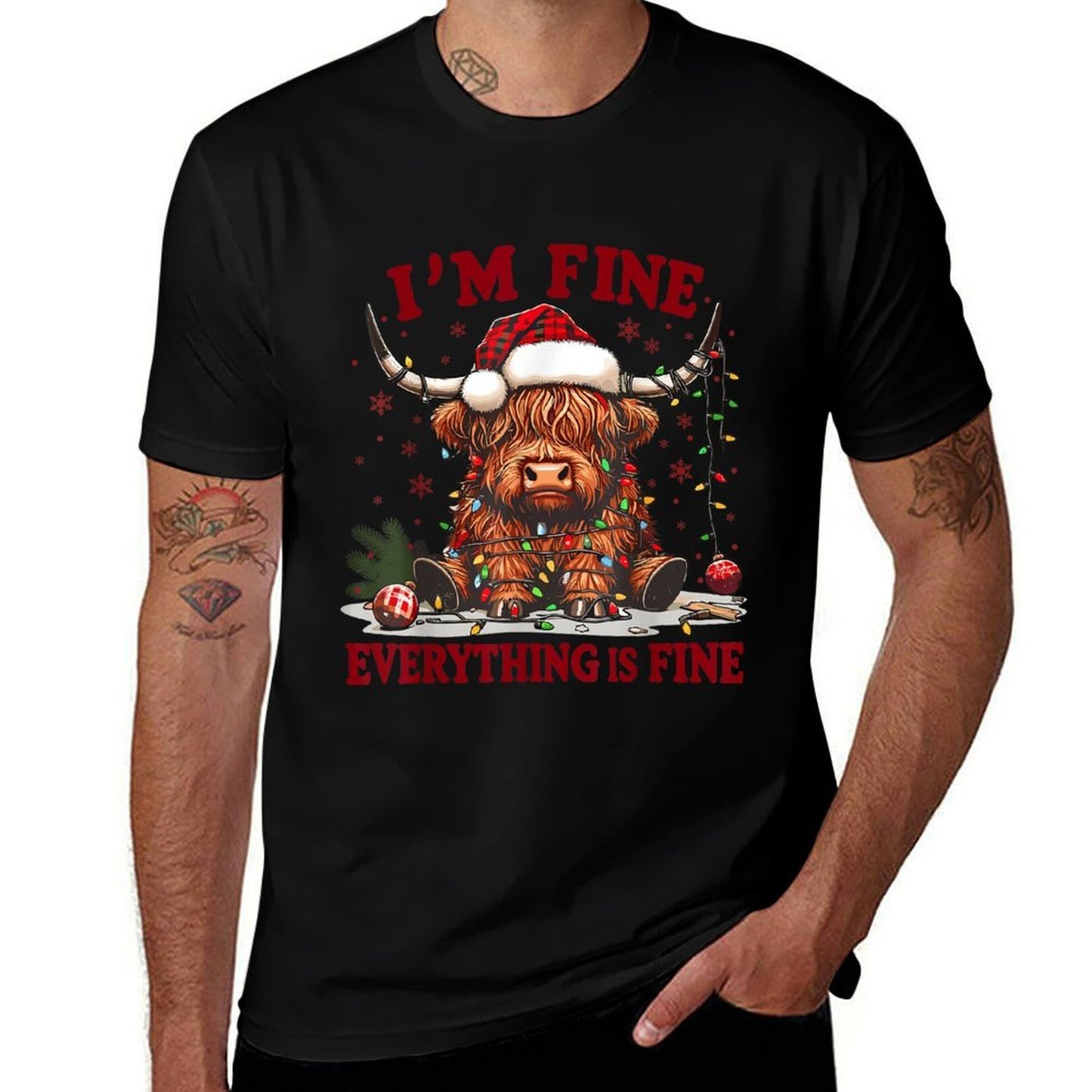 Im Fine Everything Is Fine Funny Christmas Highland Cow  Rolled Sleeves T-Shirt