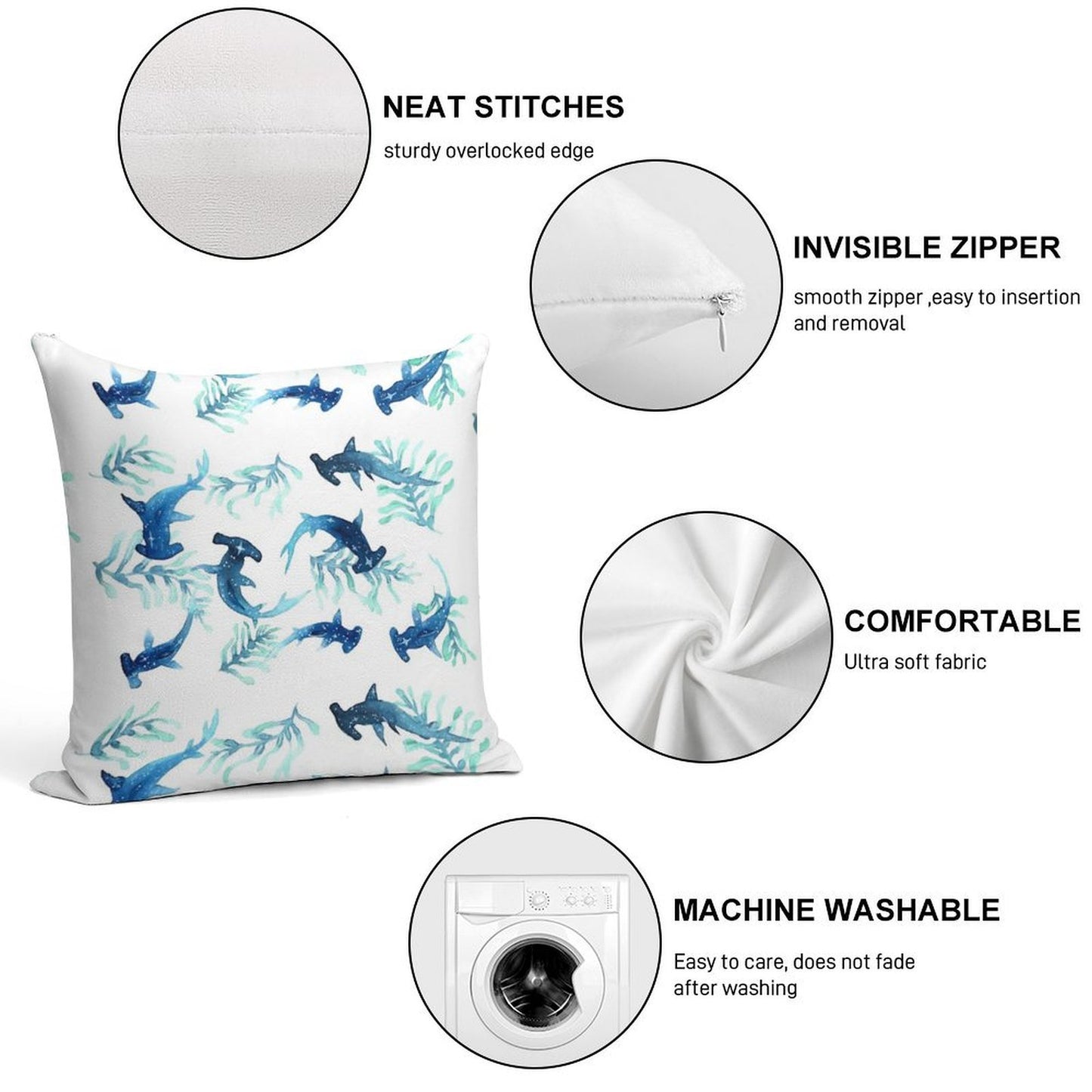 Hammerhead Shark Pattern Soft Luxury Feel Throw Pillow