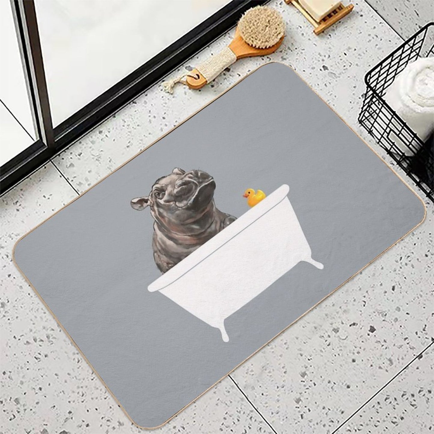 Baby Hippo in Bathtub Grey  Odorless Bath Mat