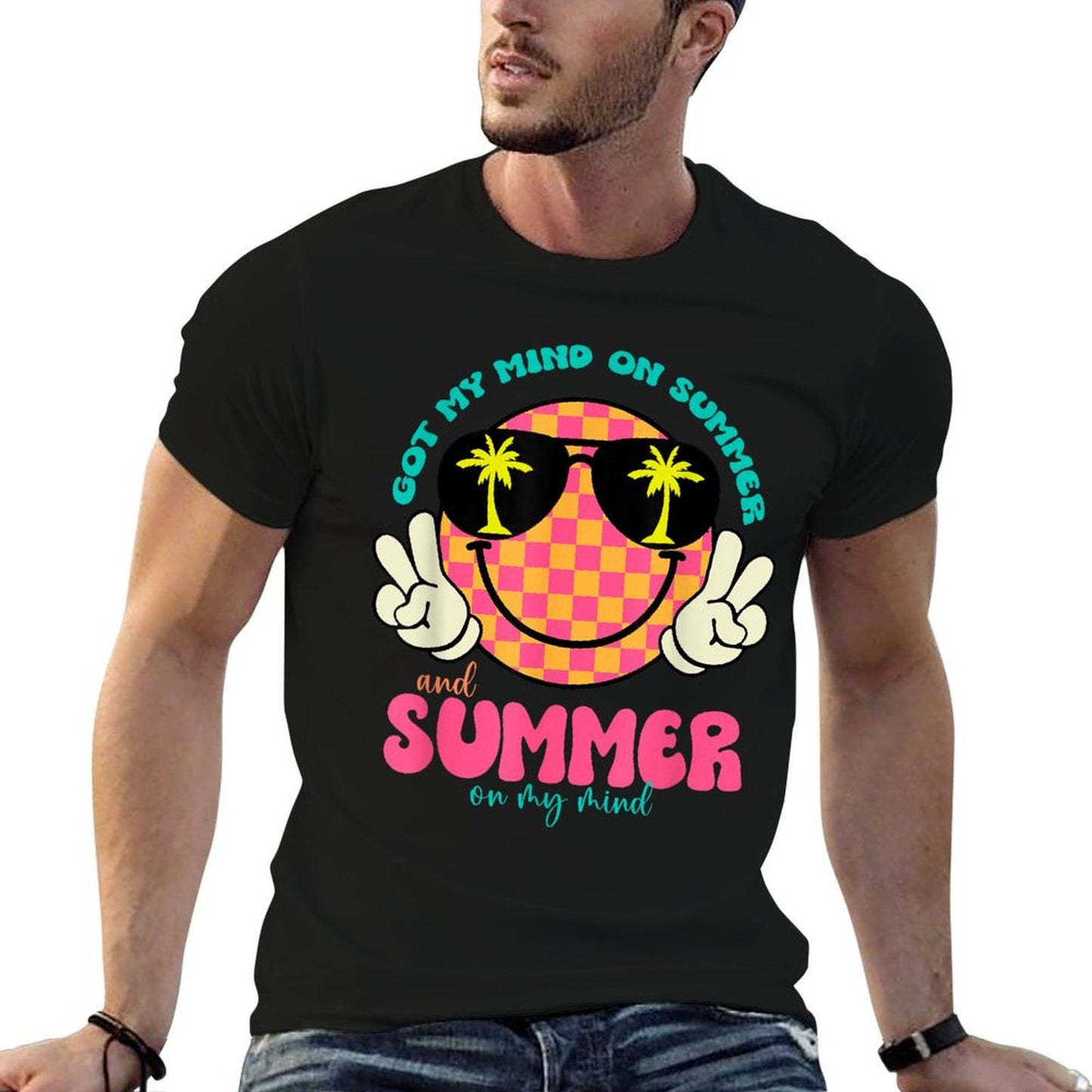 Groovy Happy Face Summer Vibes Got My Mind On Summer Teacher Rolled Sleeves T-Shirt