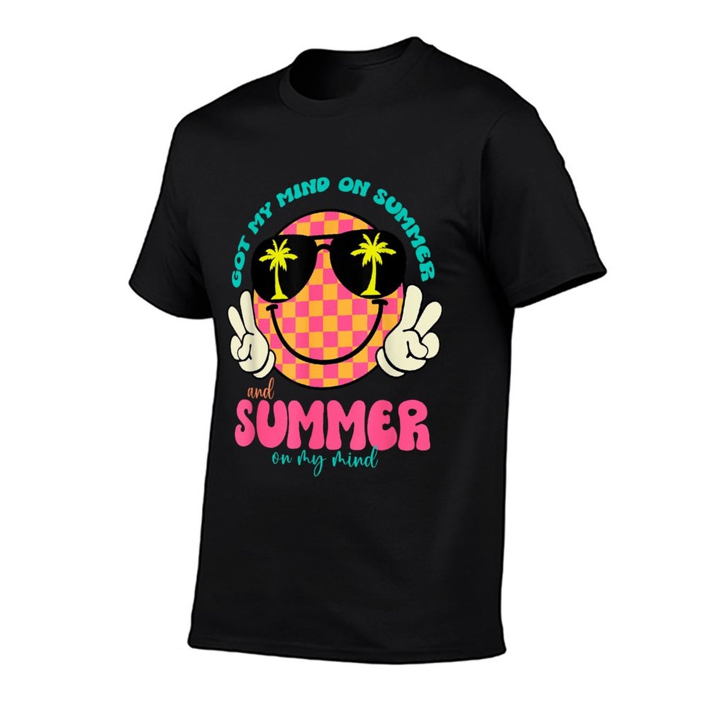 Groovy Happy Face Summer Vibes Got My Mind On Summer Teacher Rolled Sleeves T-Shirt