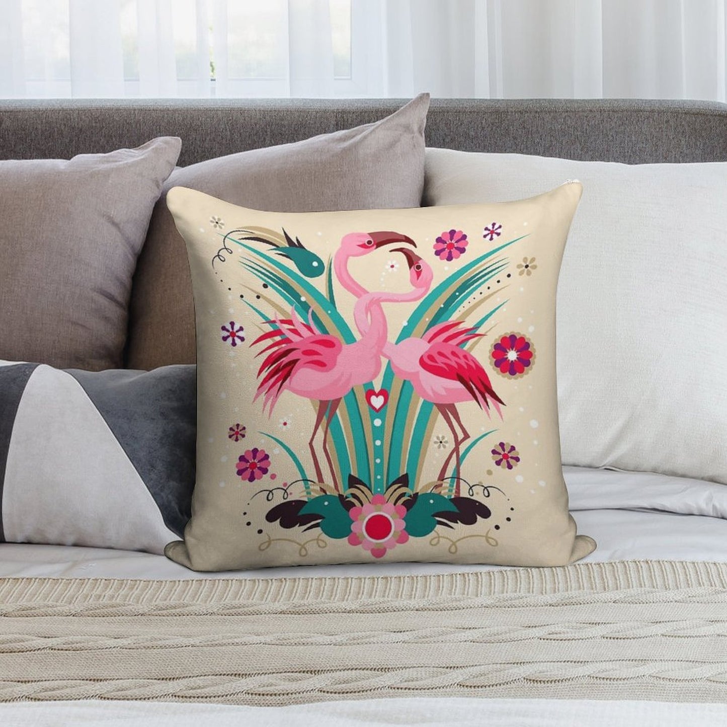 LOVE & FLAMINGO Soft Short Plush Fabric Throw Pillow