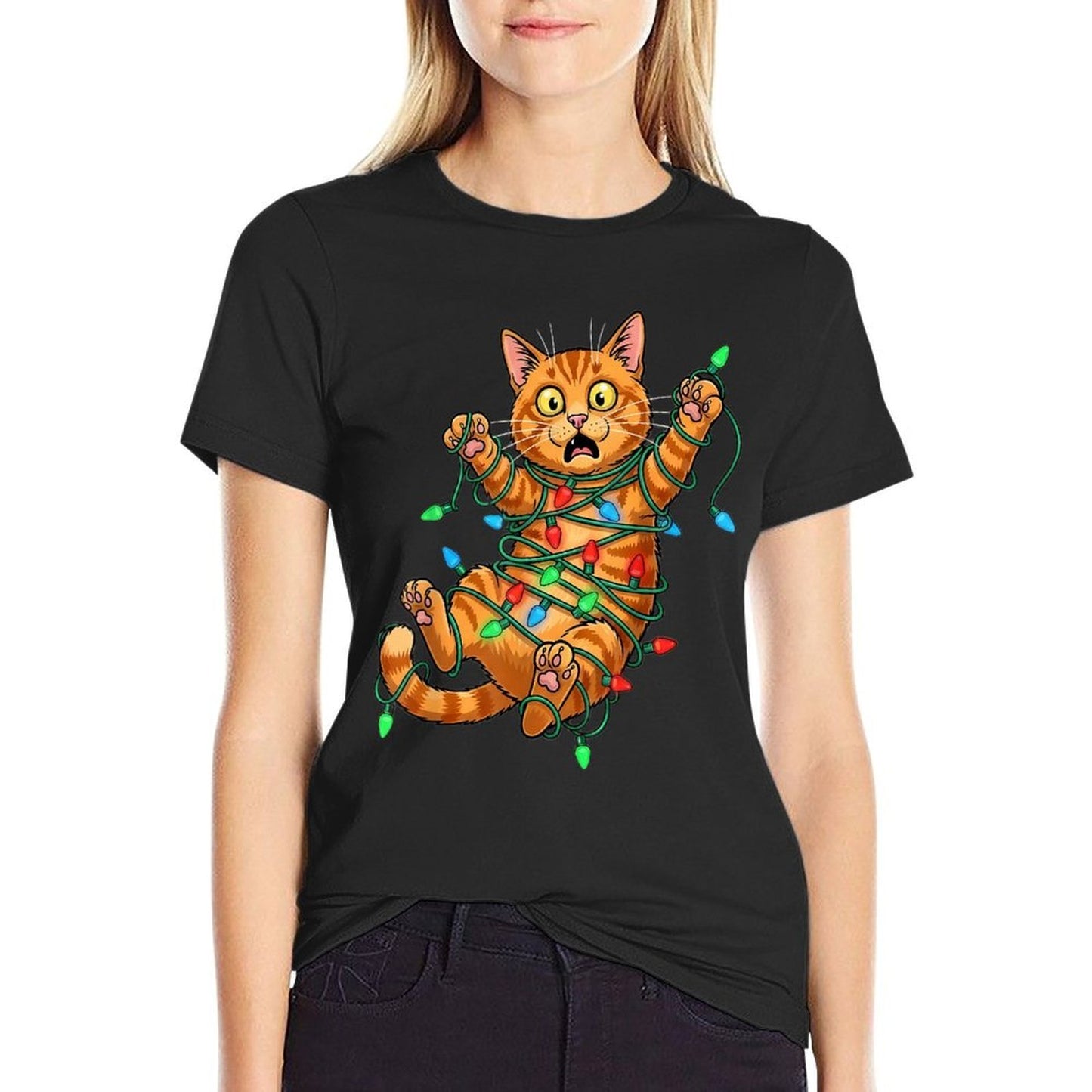 Funny Orange Cat Christmas Light Catmus  Ribbed Collar T-Shirt