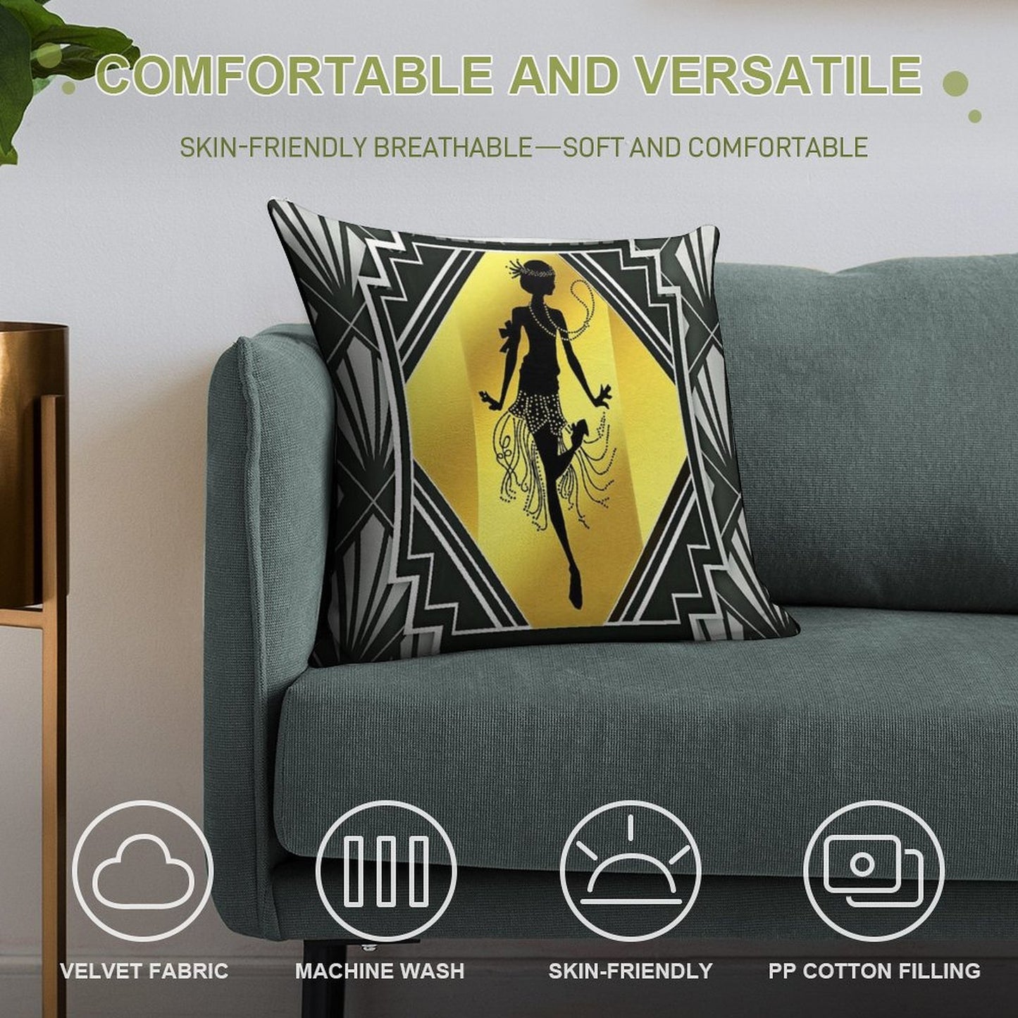 Art Deco Flapper Roaring 20's Gatsby Style Print Soft High-Density Material Throw Pillow