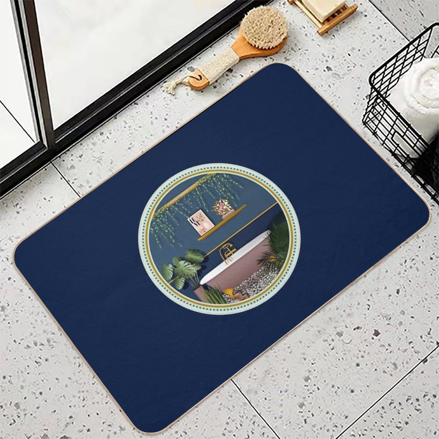 Navy Blue Romantic Victorian Bathroom  Green Botanical Plants Durable Bath Mat