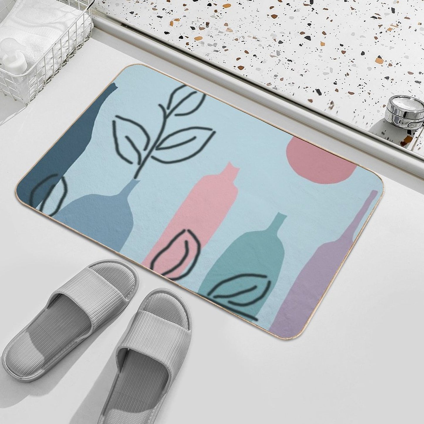 Bottels Blue Leaves  Easy To Clean Bath Mat