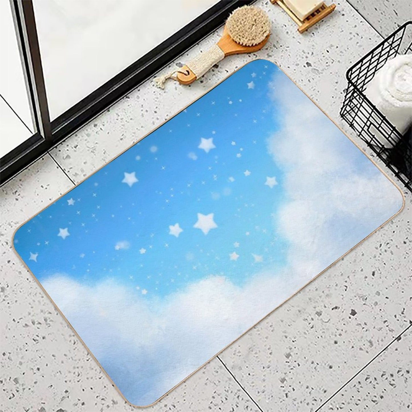 White Puffy Clouds W Starry Sky  Pet-Safe Bath Mat
