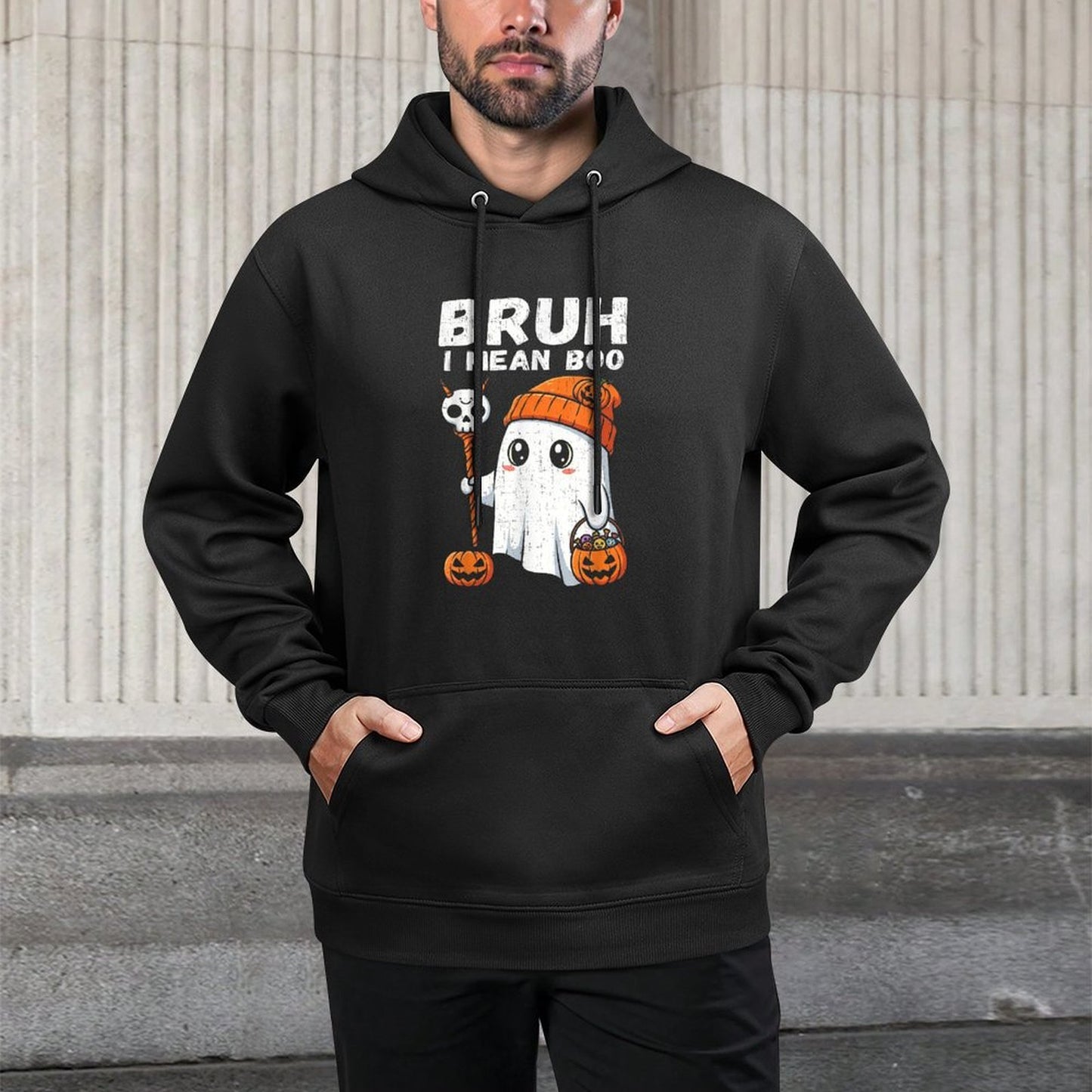 Bruh I Mean Boo Cute Boo Pumpkin Funny Halloween Men Women Layering Staple Hoodie