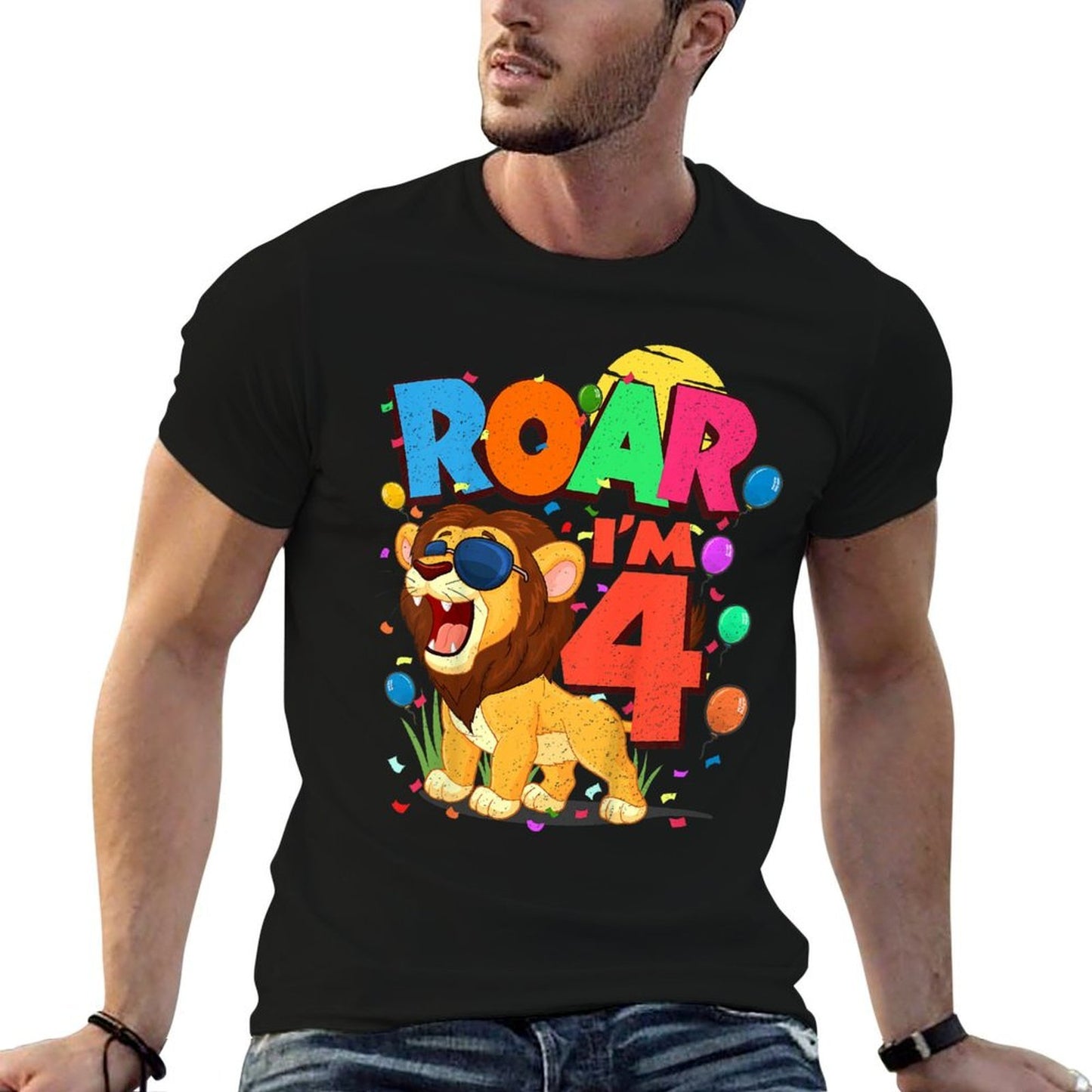 Kids 4th Birthday ROAR I'M 4 Year Old Boys Lion Safari Gift  Summer-ready Fabric T-Shirt