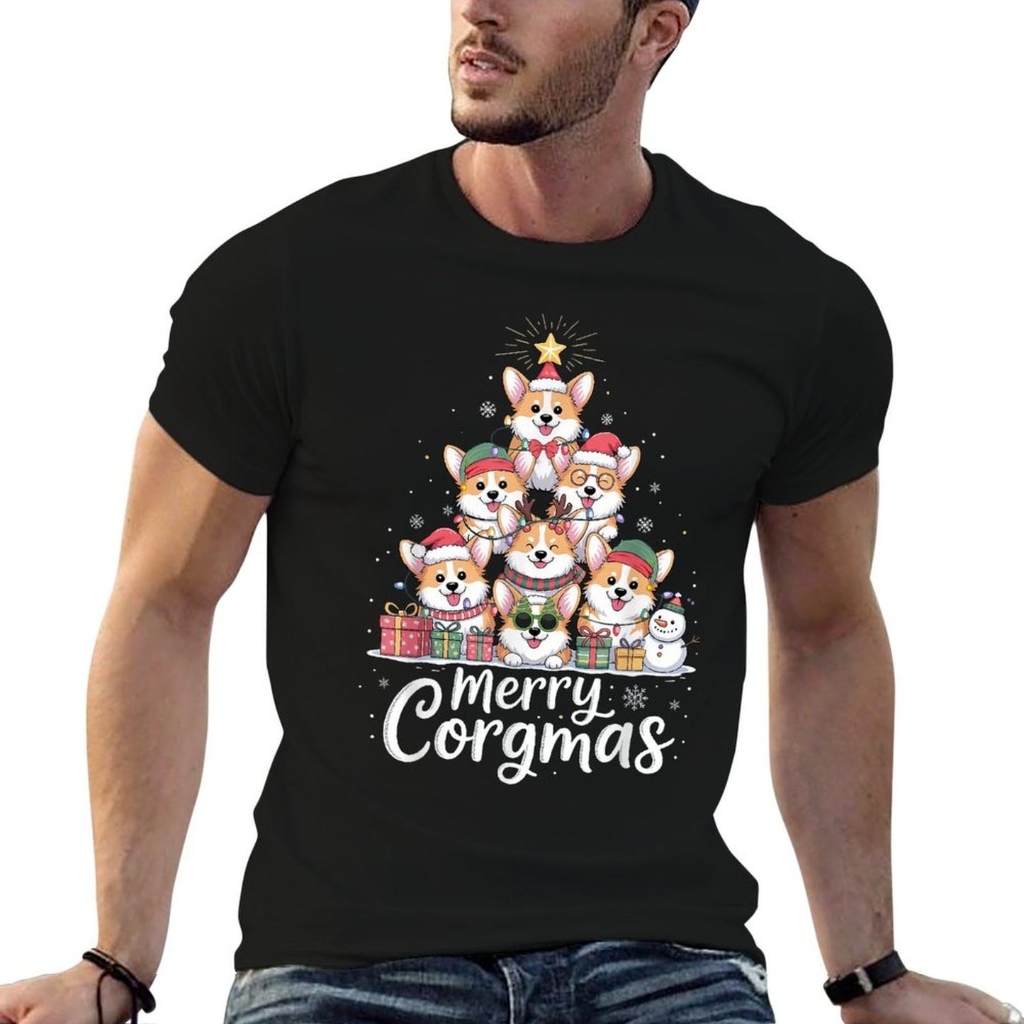 Cute Corgi Christmas Tree Santa Xmas Lights Corgmas Dog  High-quality Stitching T-Shirt
