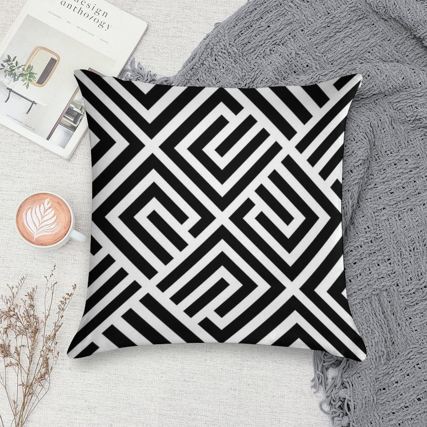 LABYRINTH TILES PATTERN BLACK AND WHITE, BY SUBGIRL Soft Multiple Sizes Throw Pillow