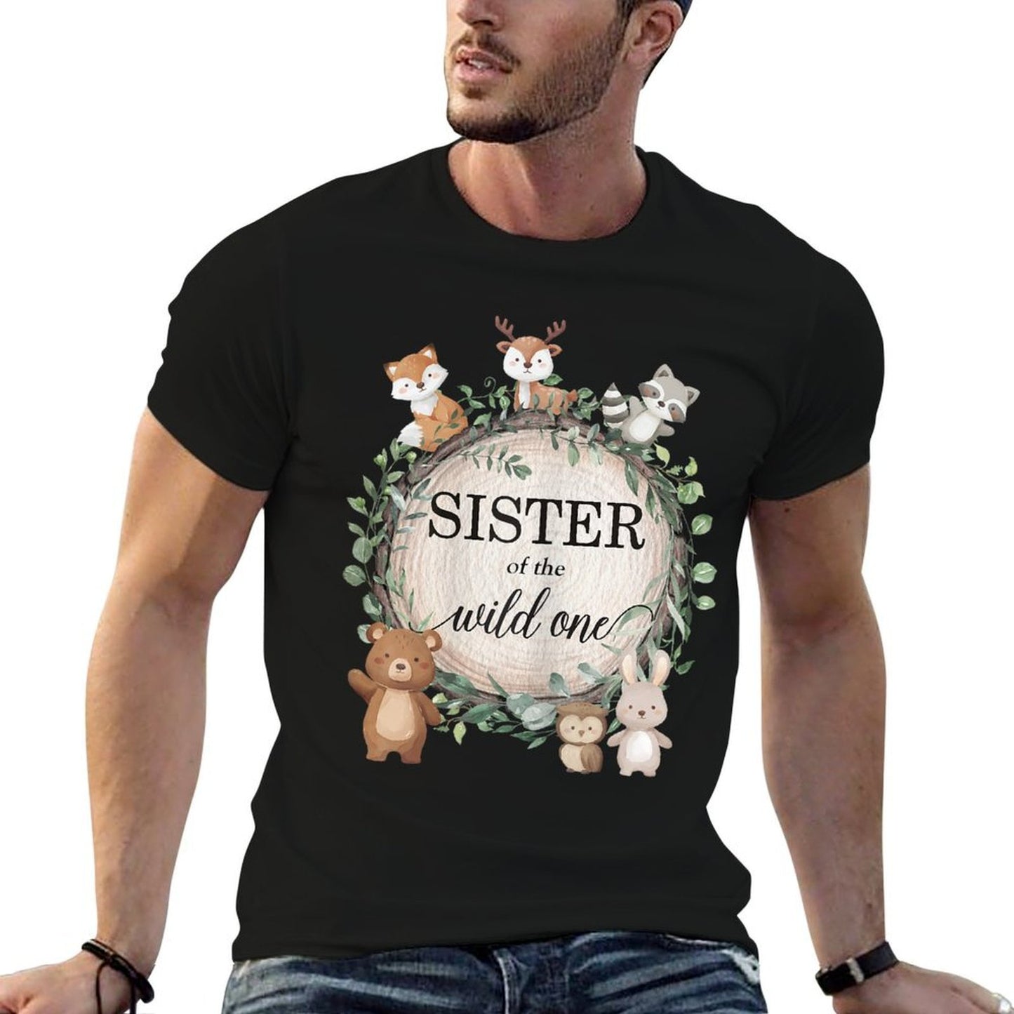 Sister of The Wild One Woodland Forest Animals 1st Birthday  Summer-ready Fabric T-Shirt