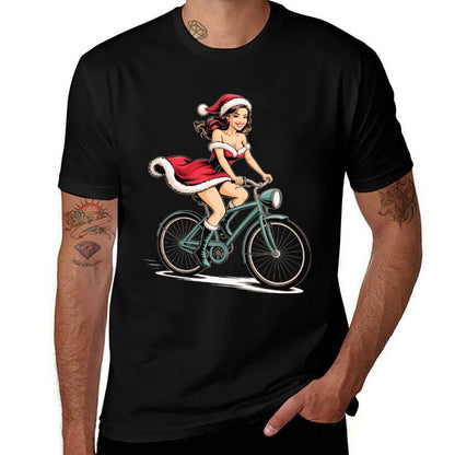 Pinup Christmas Santa Girl on Bicycle Vintage Retro Holiday  Ribbed Collar T-Shirt