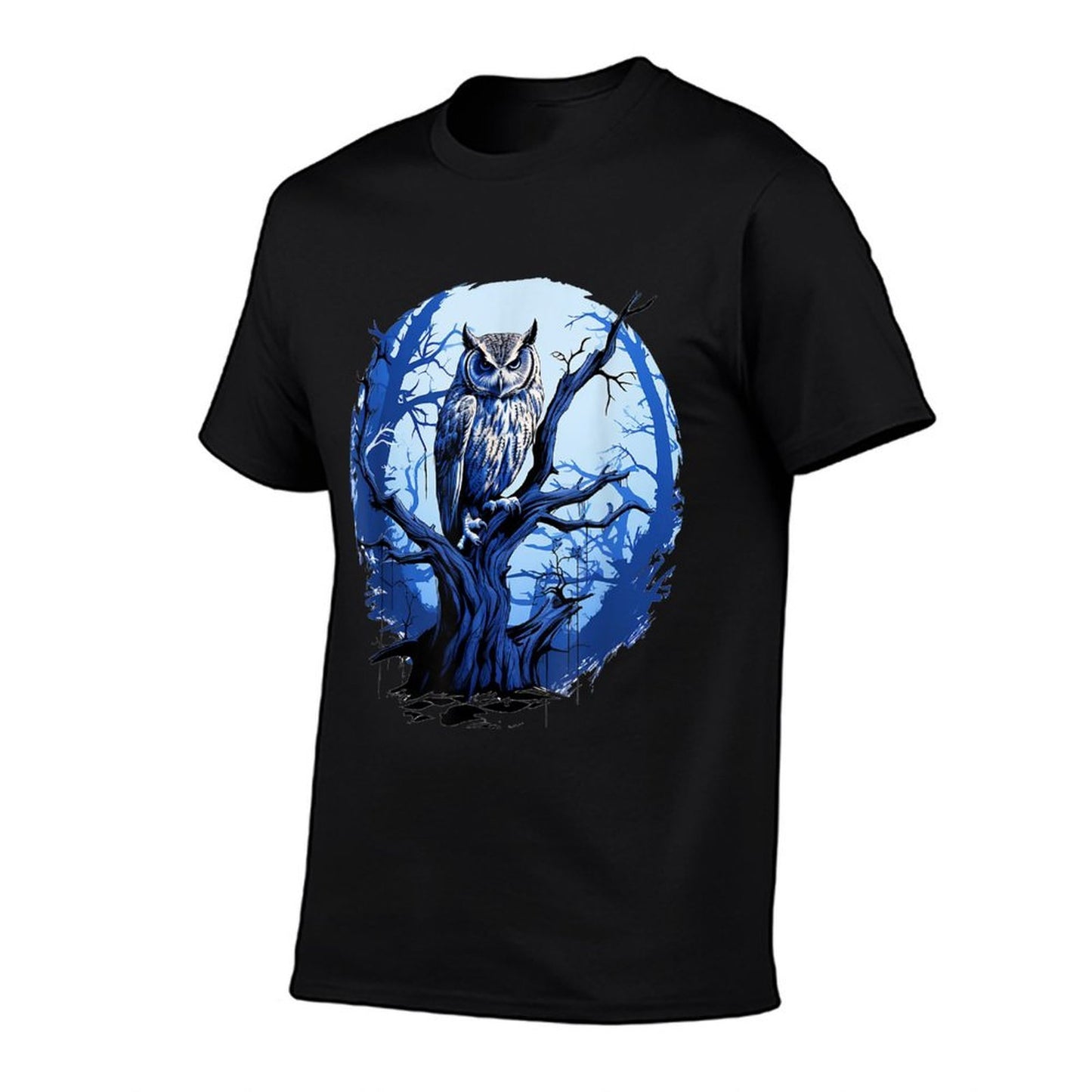 Twilight Blue Impressionist Owl on Skeletal Tree  Fade-proof Color T-Shirt