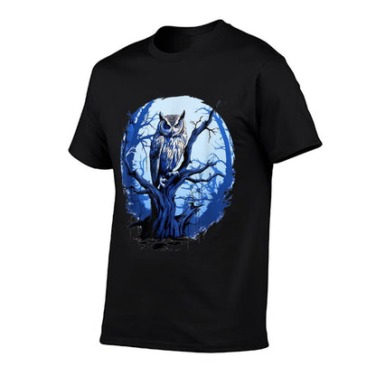 Twilight Blue Impressionist Owl on Skeletal Tree  Fade-proof Color T-Shirt