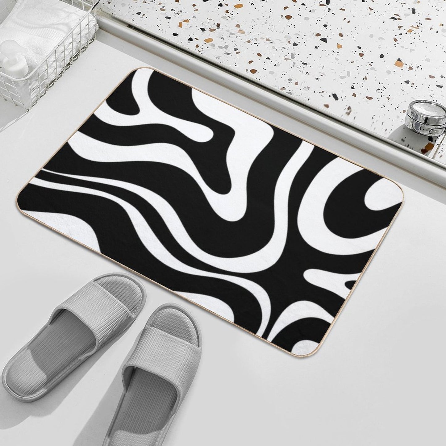 Retro Modern Liquid Swirl Abstract Pattern Square in Black And White  Easy Maintenance Bath Mat