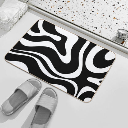 Retro Modern Liquid Swirl Abstract Pattern Square in Black And White  Easy Maintenance Bath Mat
