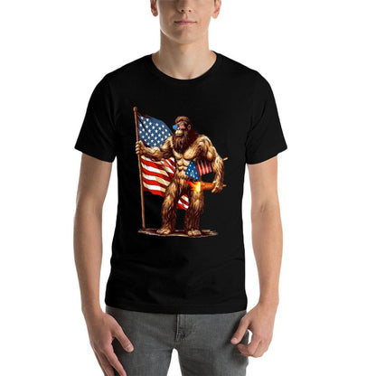Bigfoot Fireworks 4th of July Men Sasquatch American US  Ribbed Collar T-Shirt