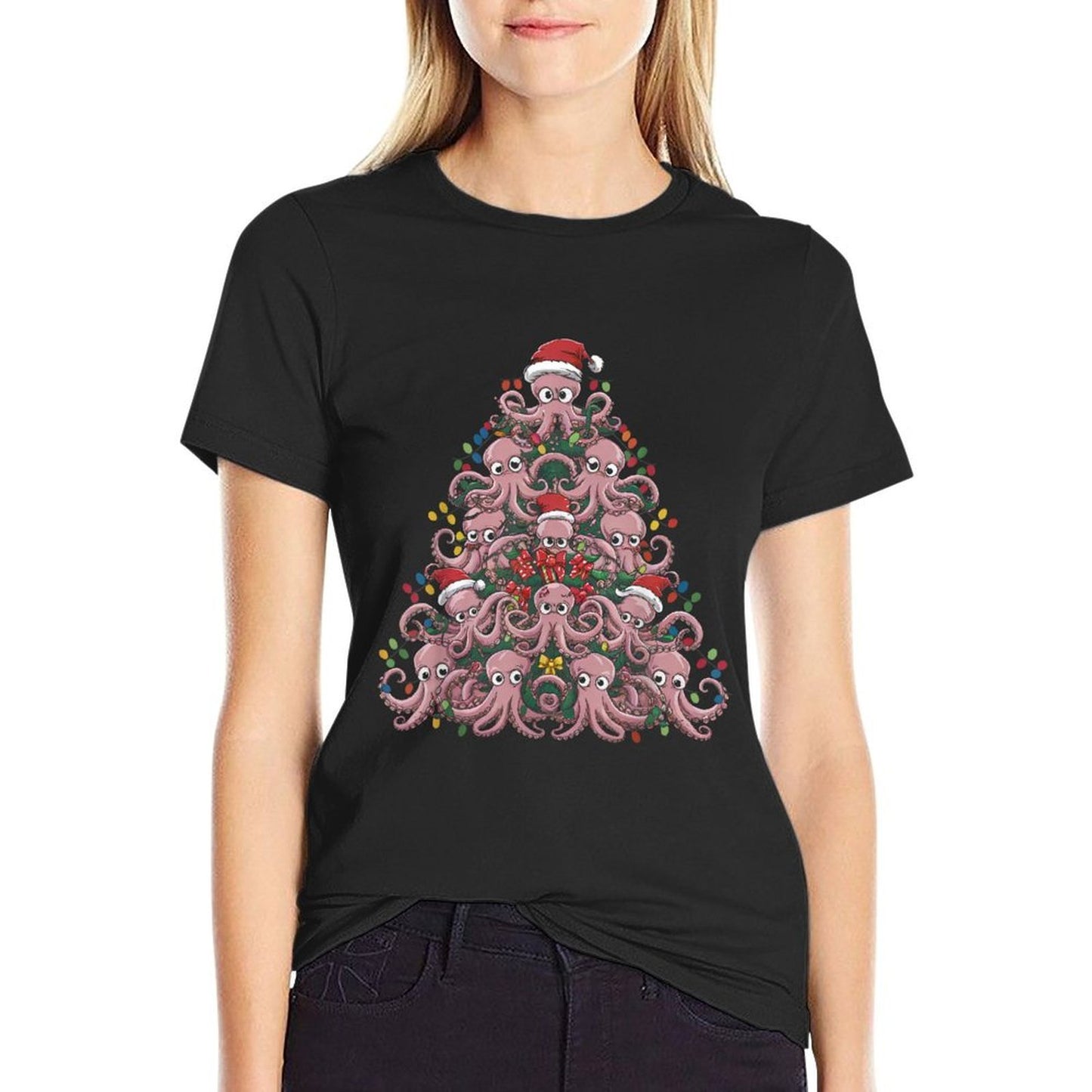 Octopus Xmas Lighting Santa Funny Octopus Christmas Tree  Heathered Texture T-Shirt