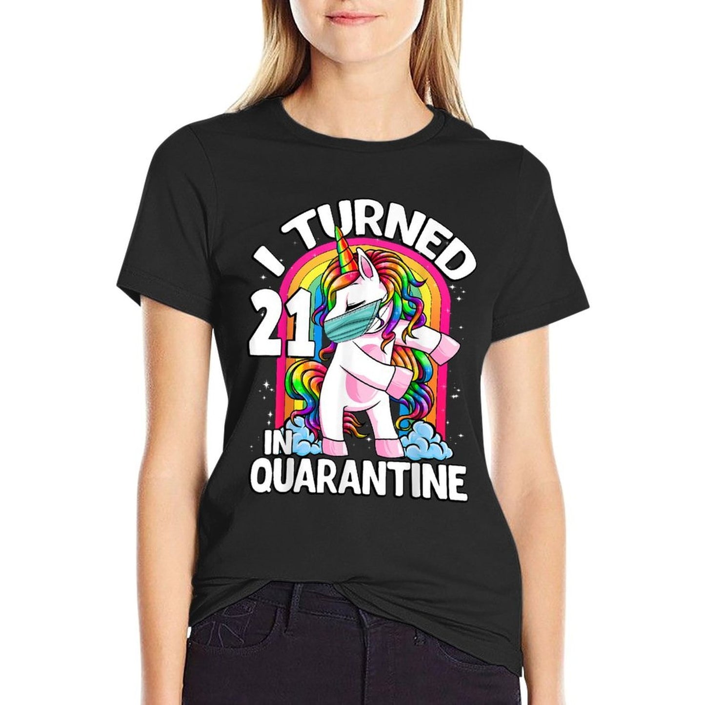 I Turned 21 In Quarantine Flossing Unicorn 21st Birthday  Ribbed Collar T-Shirt