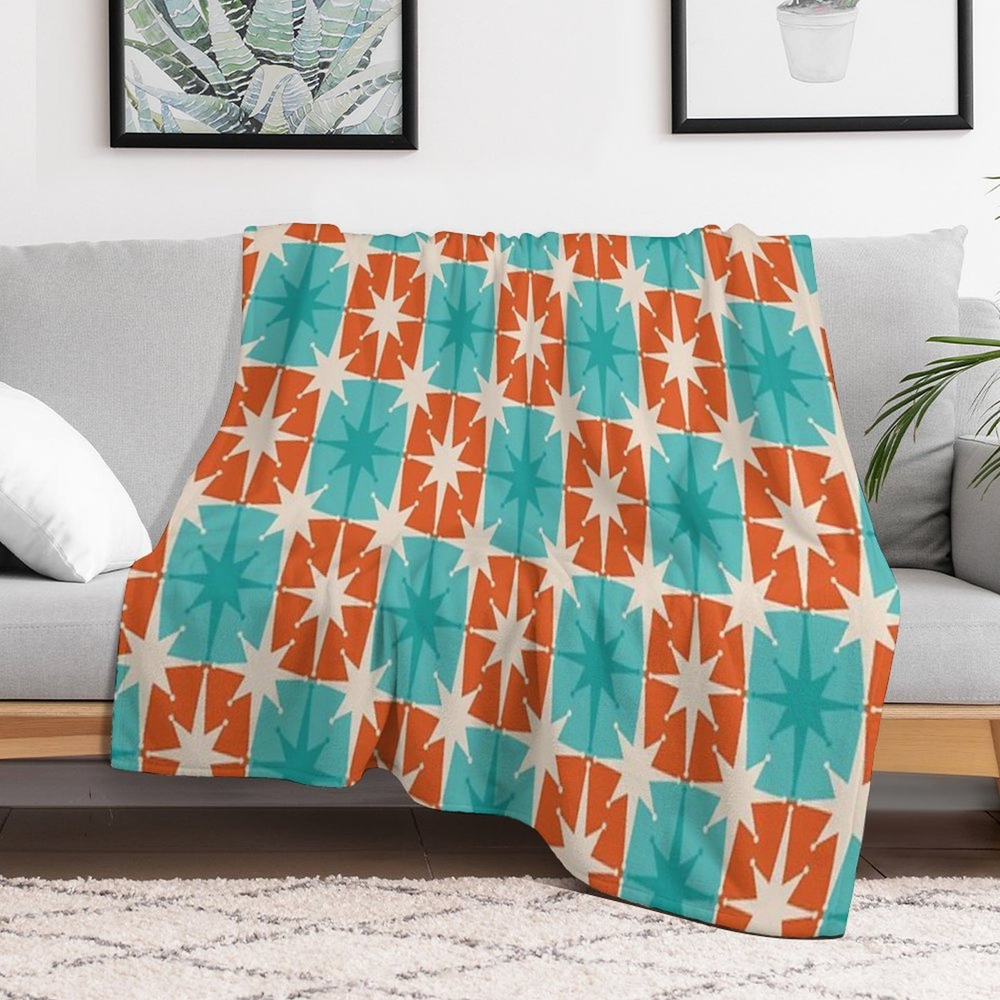Mid Century Modern Atomic Stars Retro Checkered Starburst Pattern in Teal Turquoise Orange Shrink-resistant Throw Blanket
