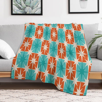 Mid Century Modern Atomic Stars Retro Checkered Starburst Pattern in Teal Turquoise Orange Shrink-resistant Throw Blanket
