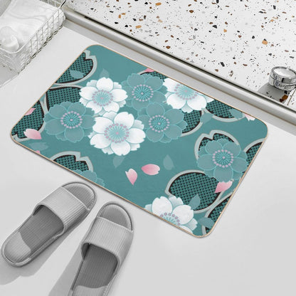 Pink White Teal Floral Japanese Sakura Kimono Pattern  Eco-Friendly Bath Mat
