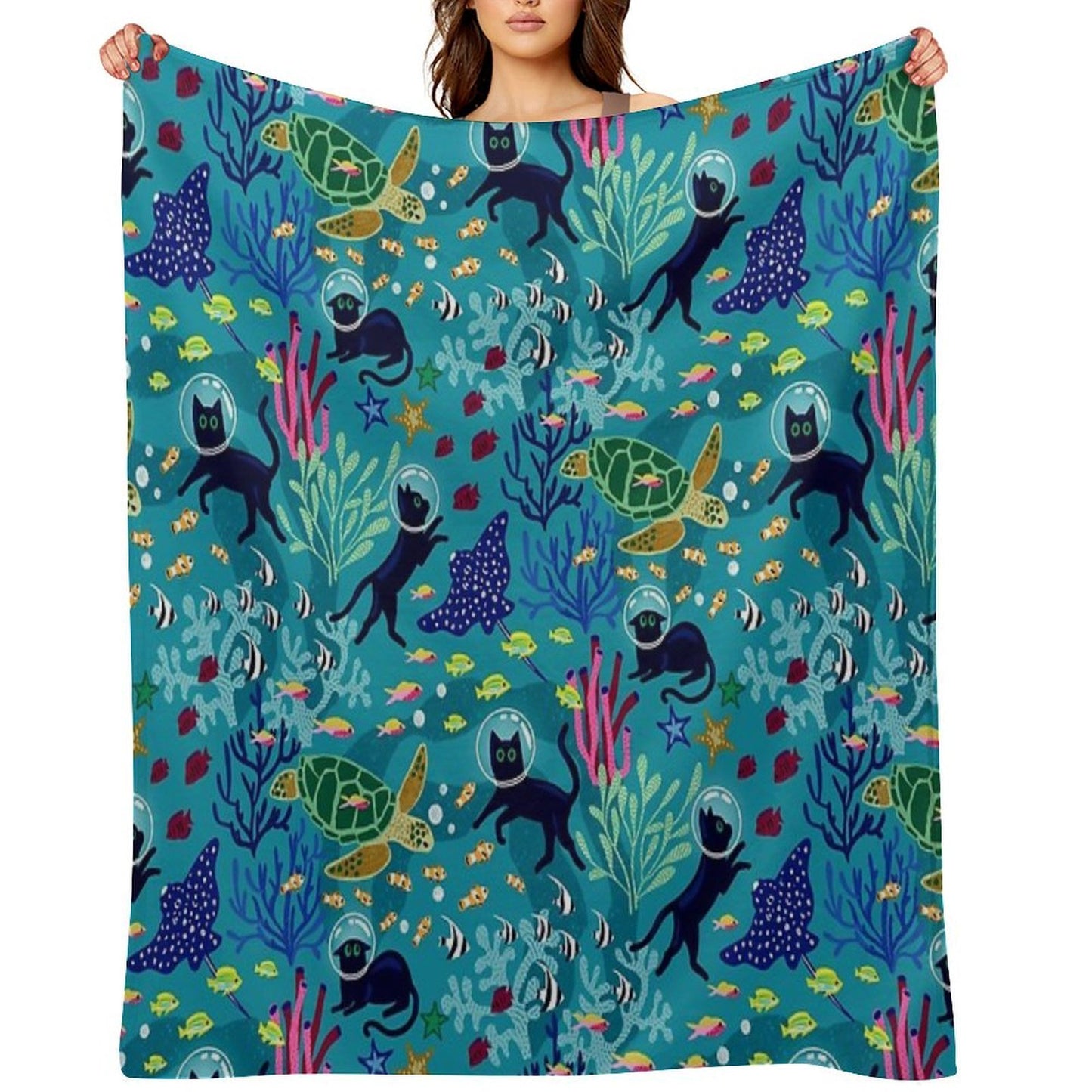 Feline Seabed Exploration Eco-conscious Throw Blanket