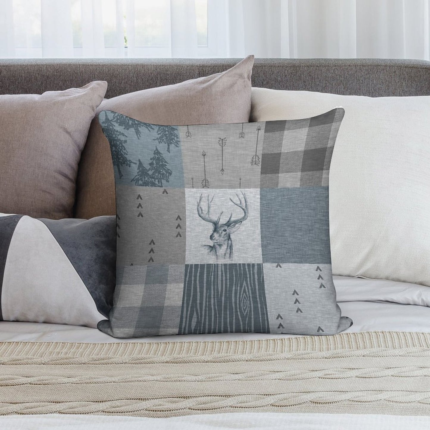 Deer Patchwork - Rustic Blue And Grey Soft Ultra-Soft Texture Throw Pillow
