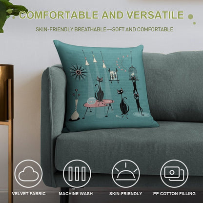 Mid Century Kitty Mischief III ©studioxtine Soft Shrink-Resistant Throw Pillow