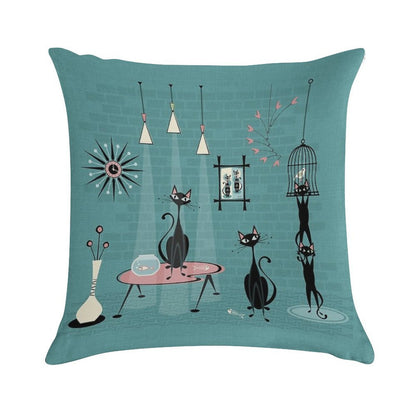 Mid Century Kitty Mischief III ©studioxtine Soft Shrink-Resistant Throw Pillow