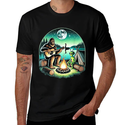 Alien And Bigfoot Loch Ness Campfire Sasquatch Guitar  Affordable Price T-Shirt
