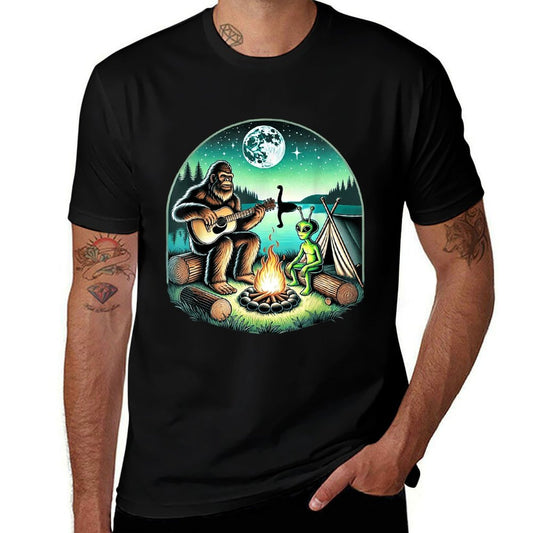 Alien And Bigfoot Loch Ness Campfire Sasquatch Guitar  Affordable Price T-Shirt