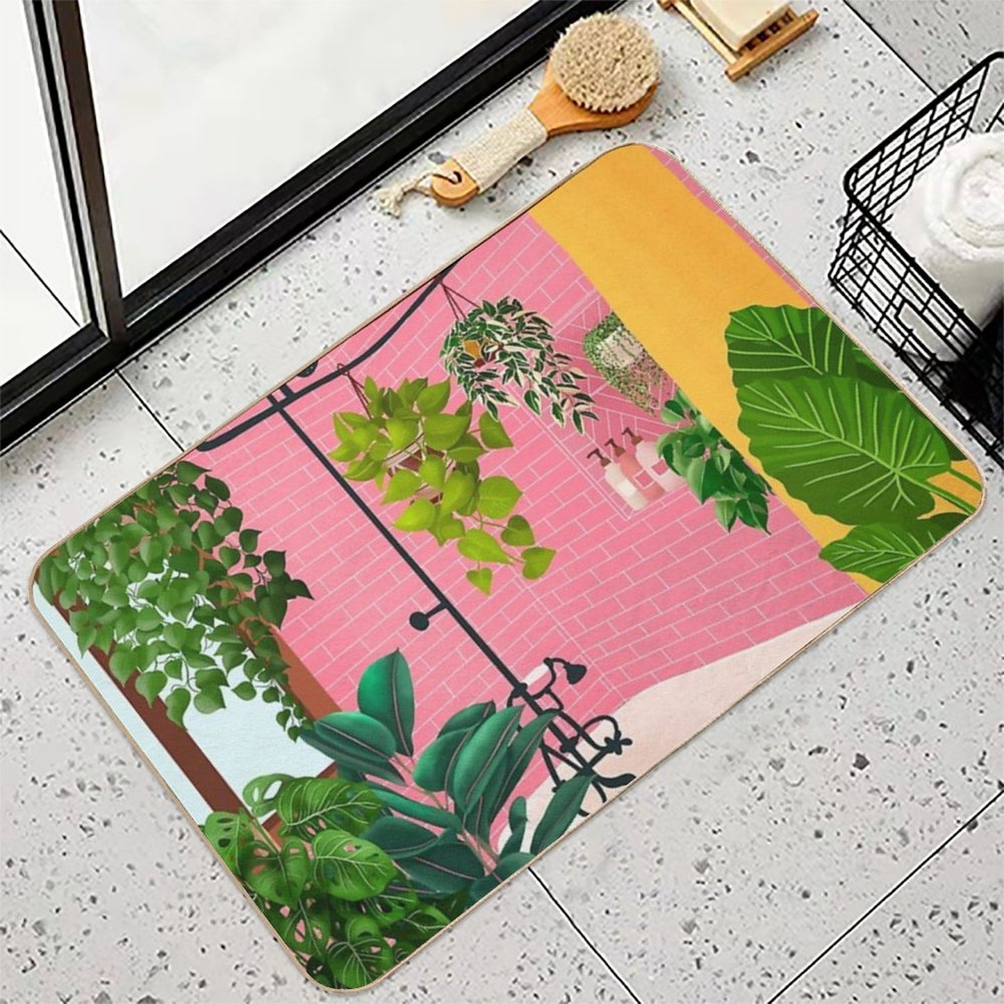 Pink Bathroom With Plants Durable Bath Mat