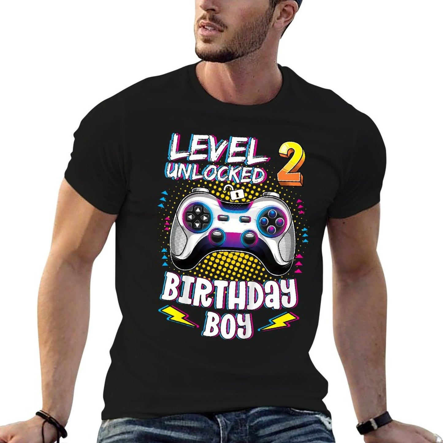 Kids 2 Years Old Birthday Level 2 Unlocked Gamer 2nd Birthday Boy  Summer-ready Fabric T-Shirt