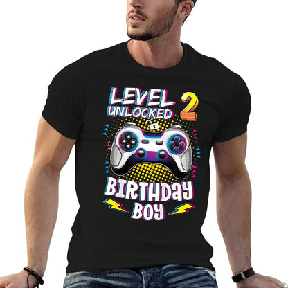 Kids 2 Years Old Birthday Level 2 Unlocked Gamer 2nd Birthday Boy  Summer-ready Fabric T-Shirt