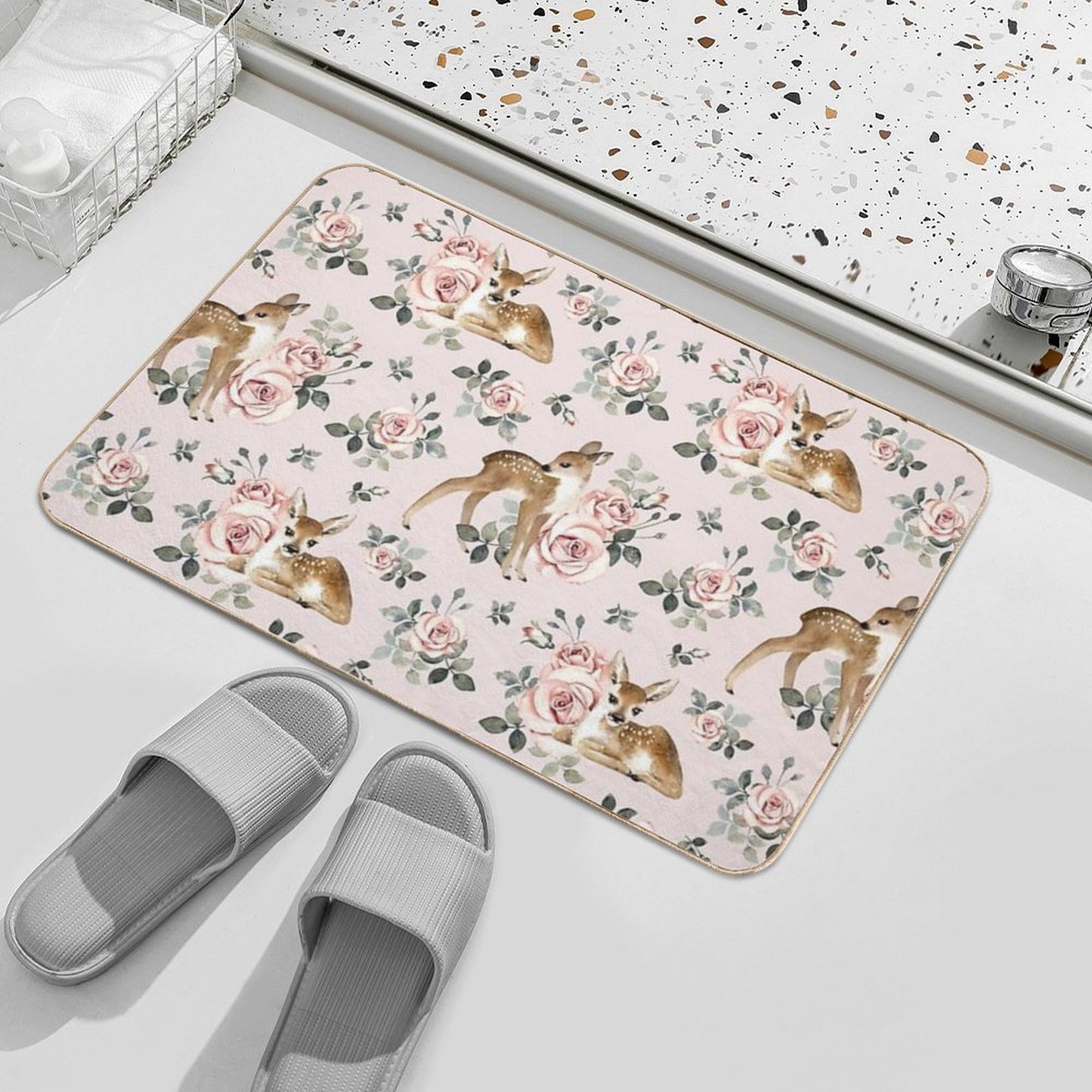 Little Deer With Vintage Roses  Blush  Absorbent Bath Mat