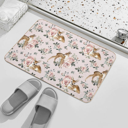Little Deer With Vintage Roses  Blush  Absorbent Bath Mat