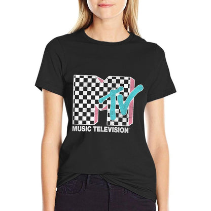 MTV Neon Distressed Checkered Logo Comfortable T-Shirt