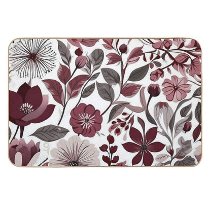 Deep Burgundy, Grey & White Scandi Floral Pattern  Repositionable Bath Mat