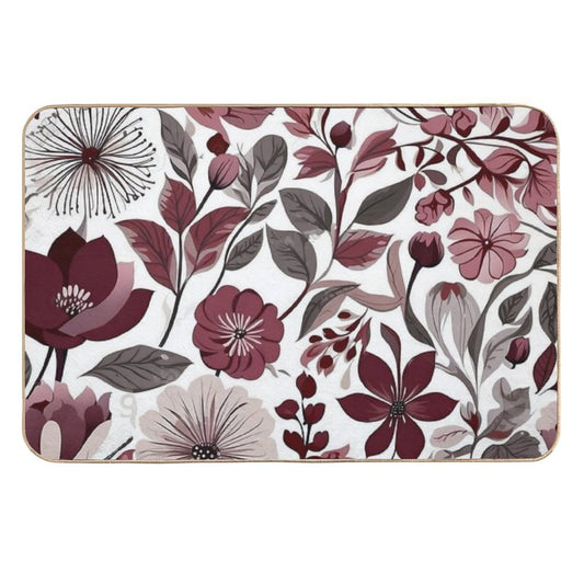 Deep Burgundy, Grey & White Scandi Floral Pattern  Repositionable Bath Mat