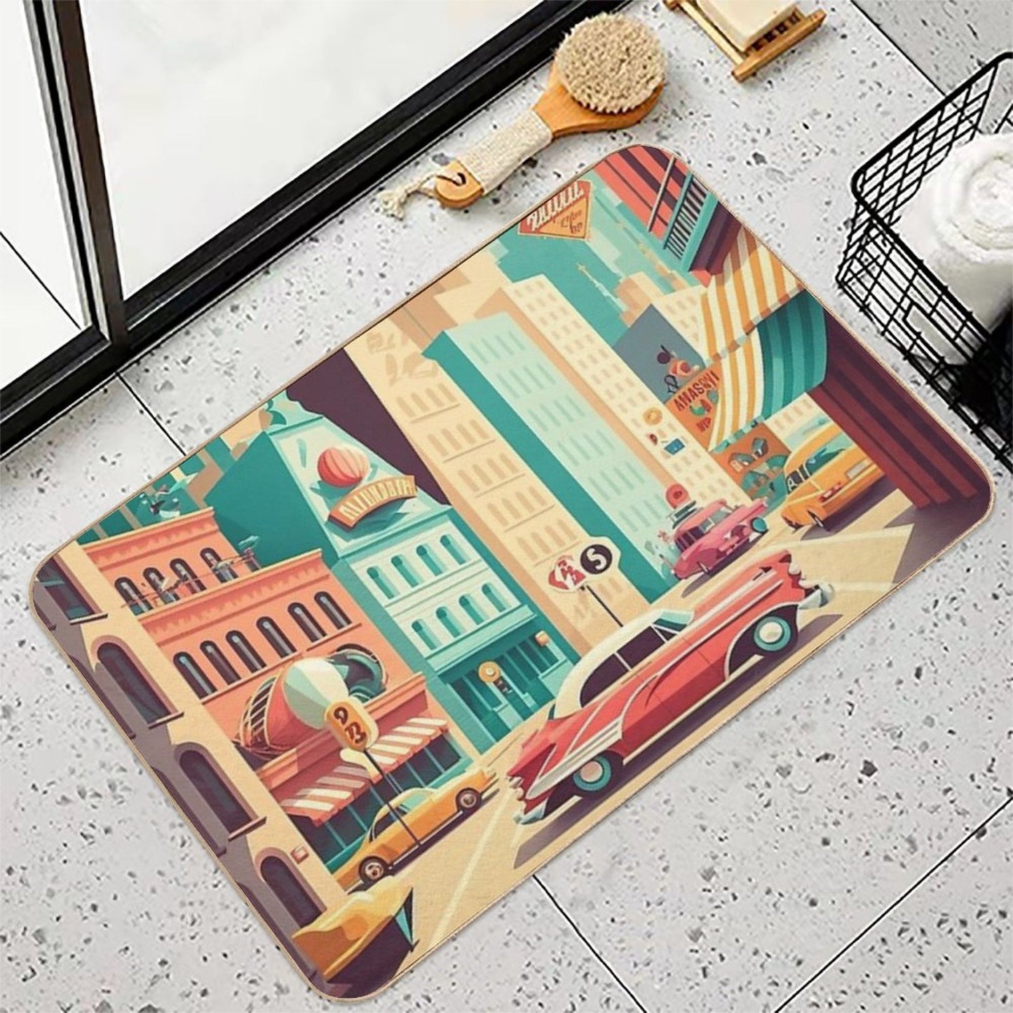 Retro Cityscape 50s #2  Stain-Proof Bath Mat