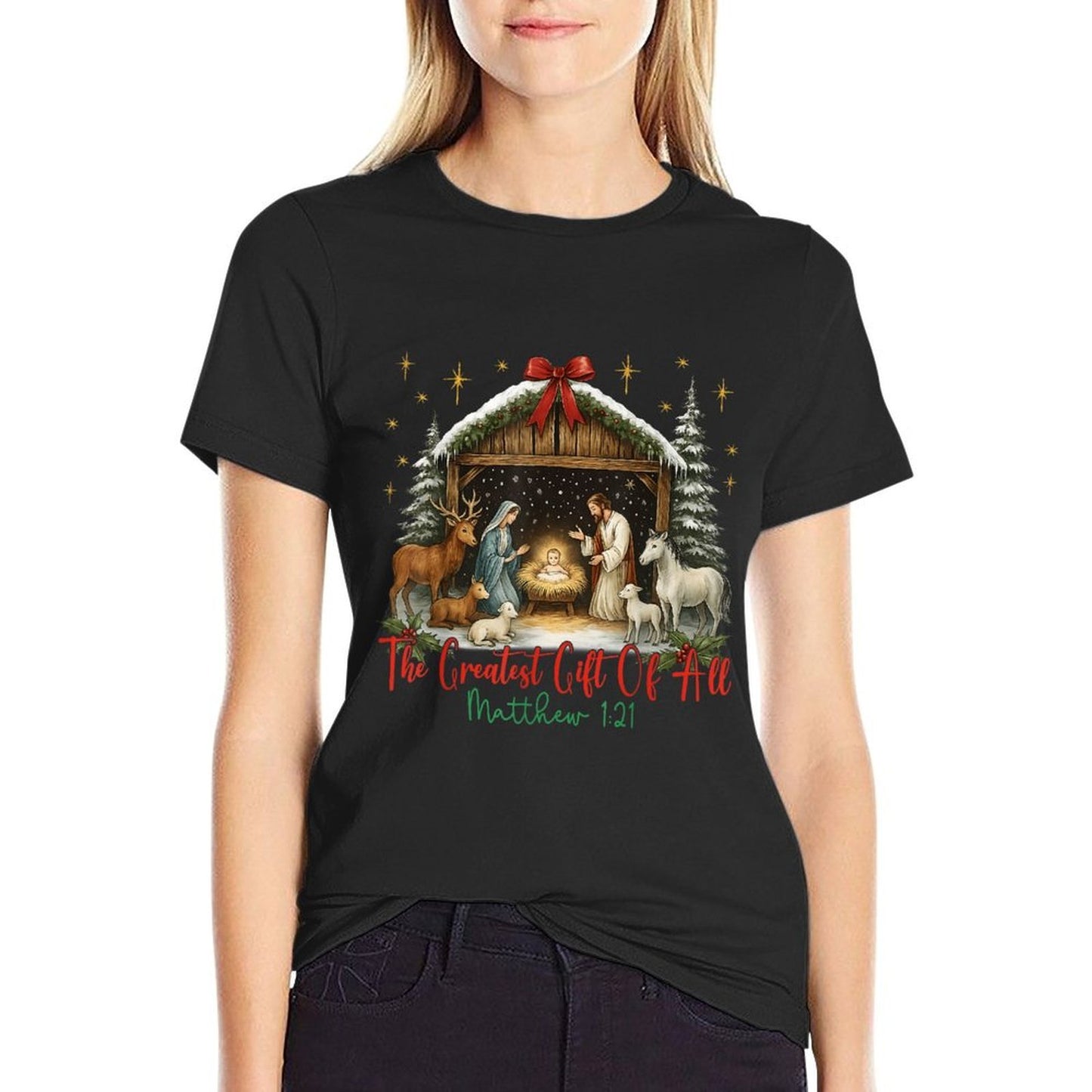 Jesus Nativity Scene The Greatest of All Merry Christmas  Trendy Pattern T-Shirt