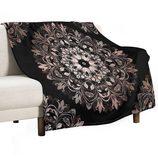 Floral Rose Gold Mandala On A Black Background Travel-friendly Throw Blanket